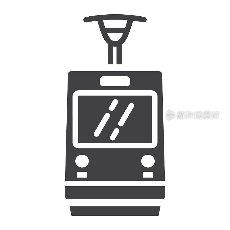有轨电车符号图标，交通和铁路，火车标志矢量图形，白色背景上的固体图案，eps 10。